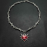 Goth Jewelry Thorns Cool Girl Gothic Cross Red Heart Pendant Necklaces for Women Vintage Silver Color Thorn Chain Party Jewelry