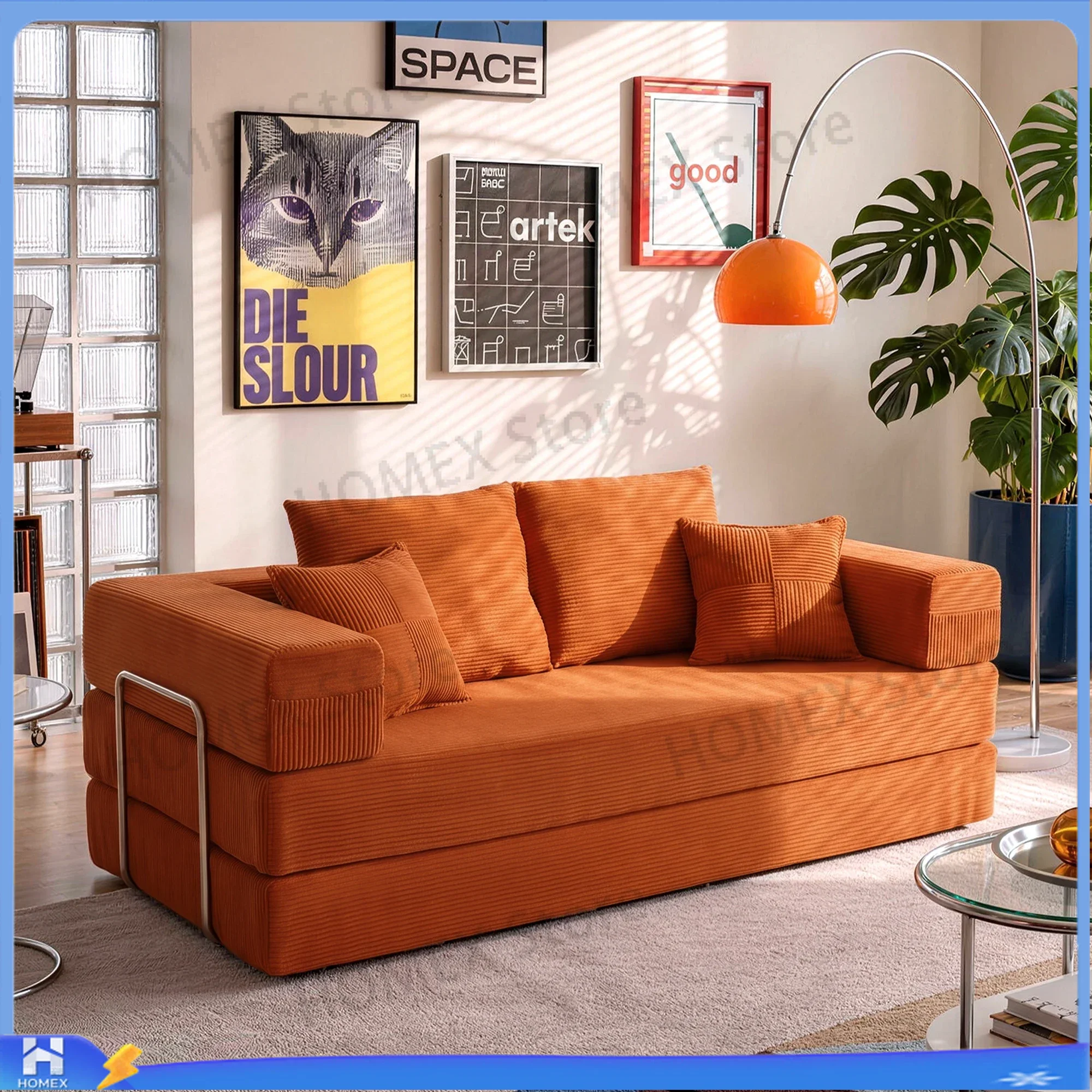 Convertible Foldable Sofa Bed 200cm Wide XXL Four Throw Pillows No Assembly Lazy Modular Floor Sofa, 3‑Seater Guest Bed Non