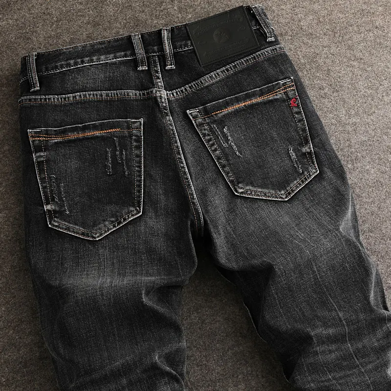 Fashionable Street Men's Fashion Street Men's Black Grey Jeans Vintage Elastic Slim Fit Split Jeans with Personalized Pockets De