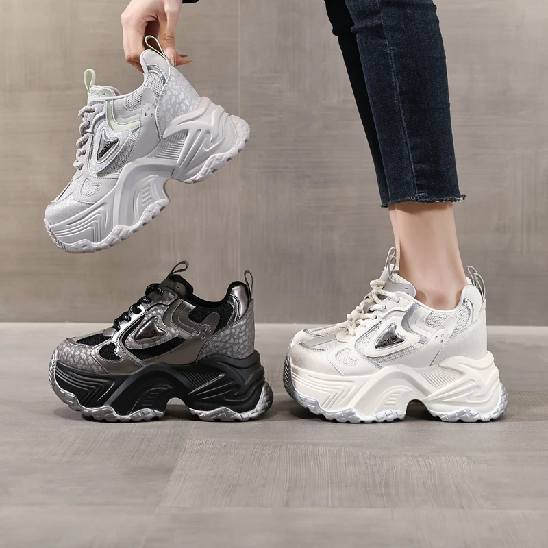 AUTUSPIN 10cm Women Shoes 2025 Spring Summer Street Tide Internal Height Increased Shoe Lady Thick Platform Sneakers Size 34-39