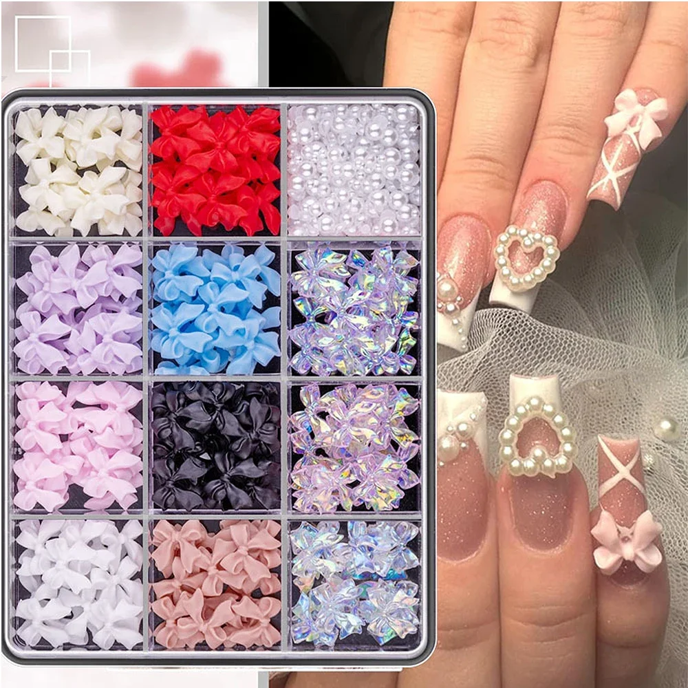

12Grids/Box Mixed Resin Bowknot Nail Charms 3D Colorful Bow Kawaii Rhinestone Nail Art Decorations DIY Manicure Parts Pen Tweeze