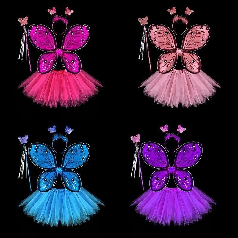 

4Pcs Hot Sale Halloween Cosplay Fairy Angel Wings Insect Theme Costume For Kids Girls Butterfly Wings Costume Performance Dress