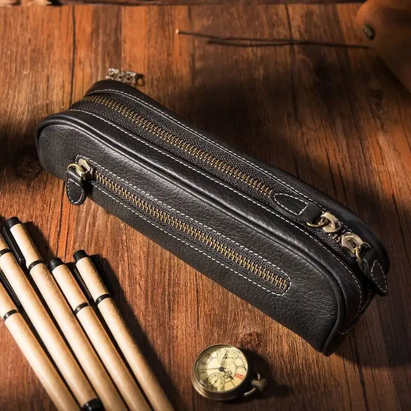 2019 New handmade 100% geniues  Head Layer Cowhide Pen Bag, Large Capacity Leather Pencil Bag, Pen Pouch