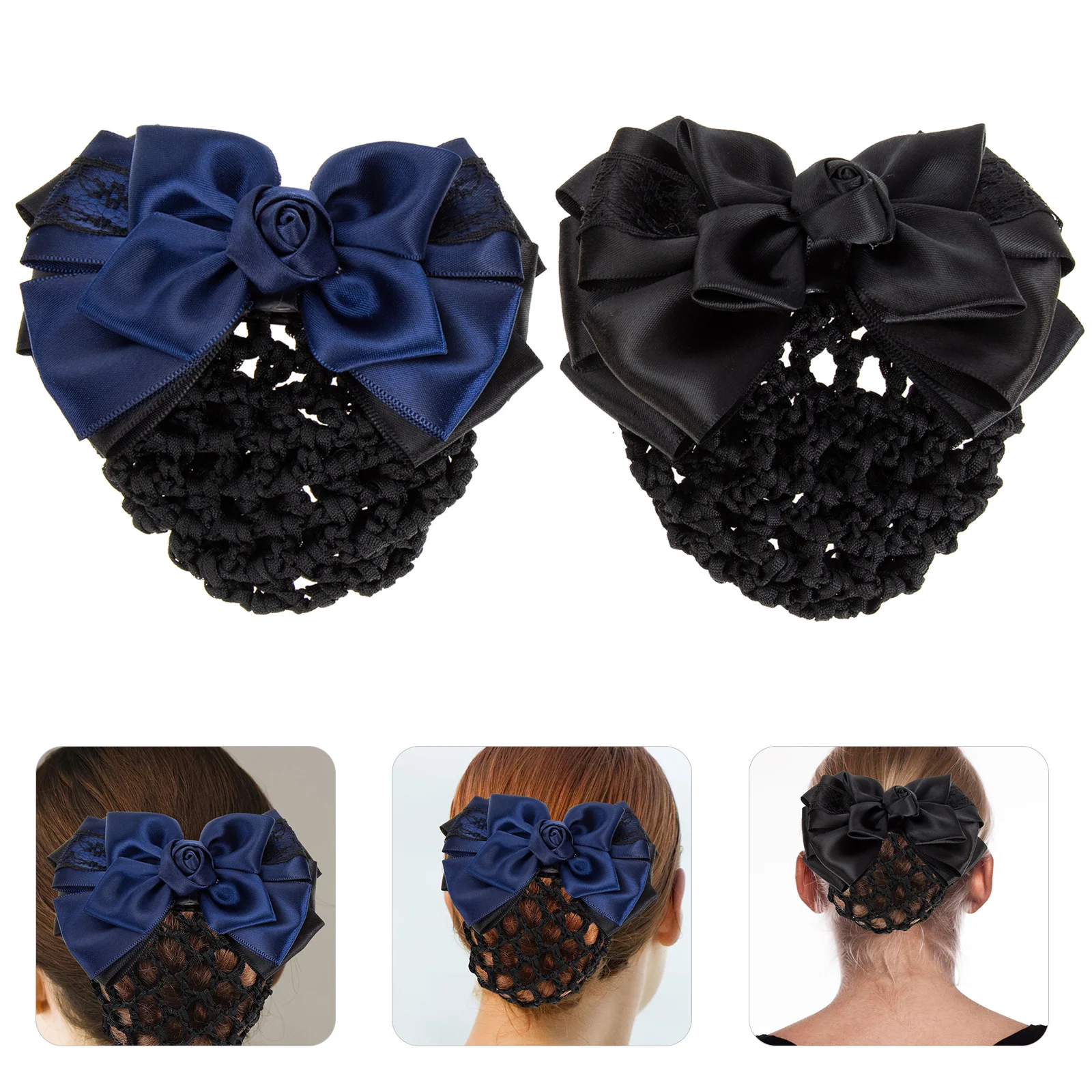 2 Pcs Hair Net Bun Cover Clip Hairnet Barrettes Girls Women Ladies Bowknot Elastic