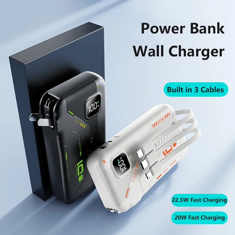 

Внешний аккумулятор (Power Bank) 20000 мАч со встроенным кабелем и зарядкой от сети, быстрая зарядка 22.5 Вт для iPhone 17, Samsung, Xiaomi