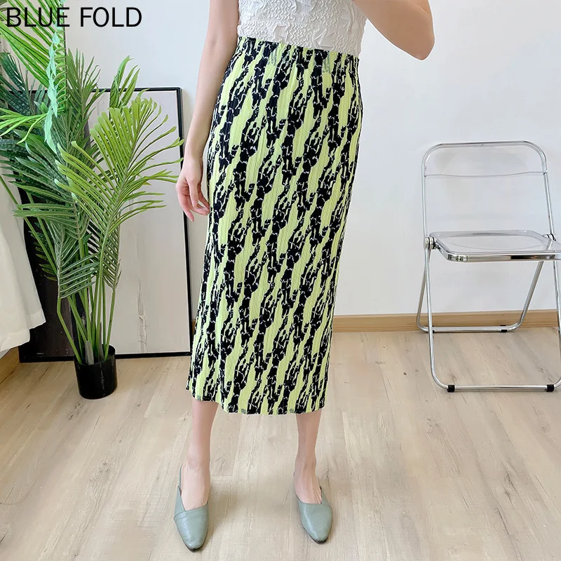 

Miyake Pleated Skirt Mid-length Straight Elastic High Waist Printed Pleated Skirt Summer Rump Skirt PLEATS Faldas Cortas Ropa