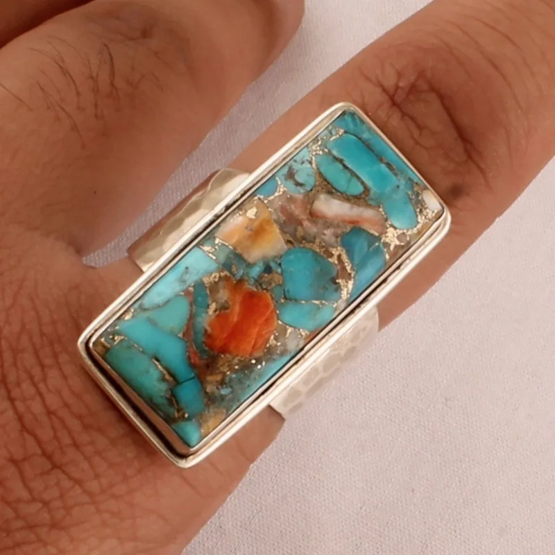 Silver Wide Adjustable Ring with Composite Imitation Turquoise Coral Stone Hammer Pattern and Bohemian Style Women's Ring Gifts