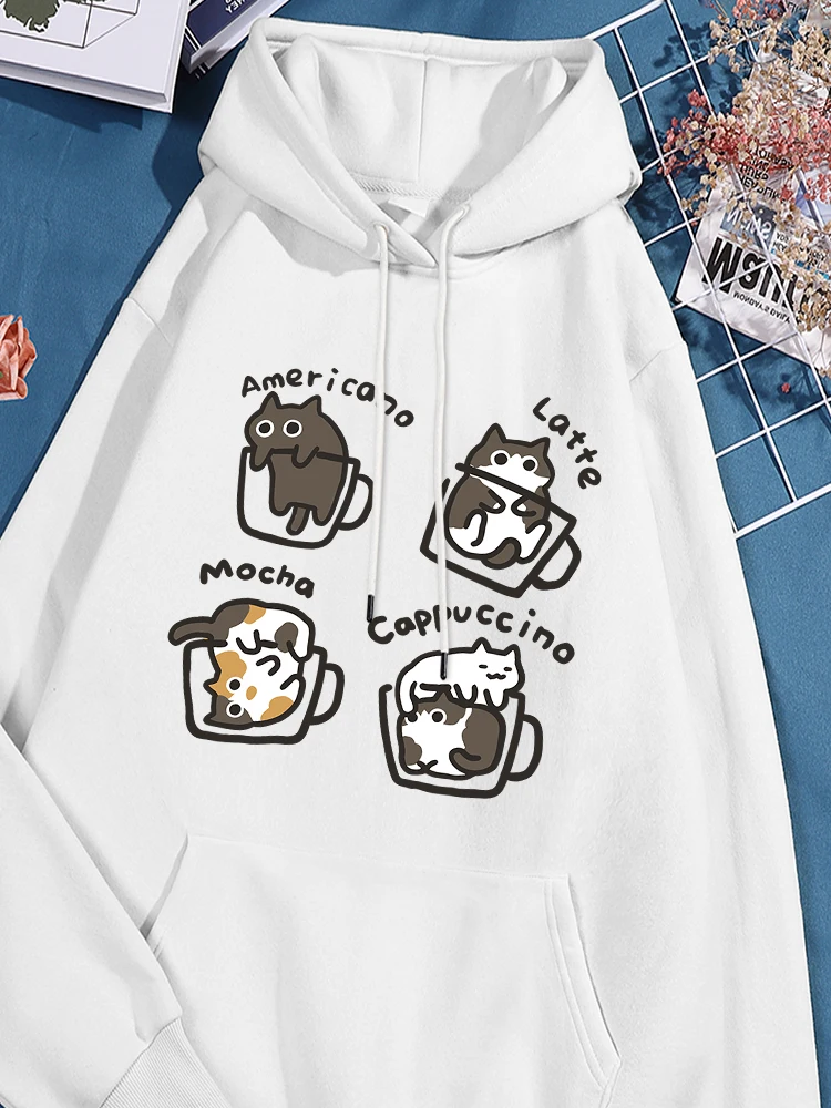 Cat In The Coffee Cup Printing Womens Hooded Basics Thick Comfy Sport Shirts Leisure Stylish Sportwear Unique Oversized Clothes