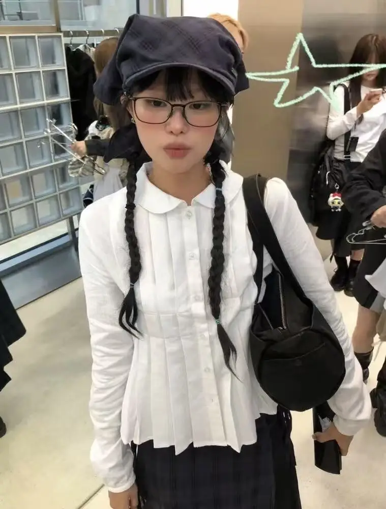 

Cotton Long Sve Pleated Doll Collar irt Cute School Sle Women's irt Breathable Skin-Friendly Straight Cut Pure Cotton