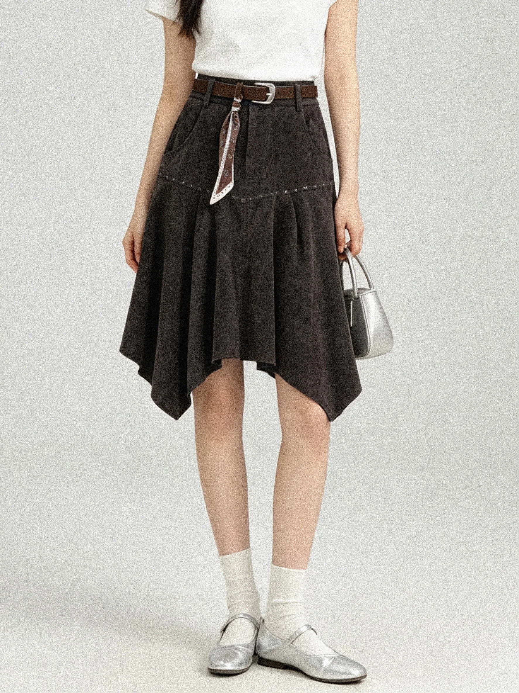 2026 New High Waist Suede  Skirt Women Early Autumn Irregular Hip Covering Vintage a Line Midi Skirt Korean Style