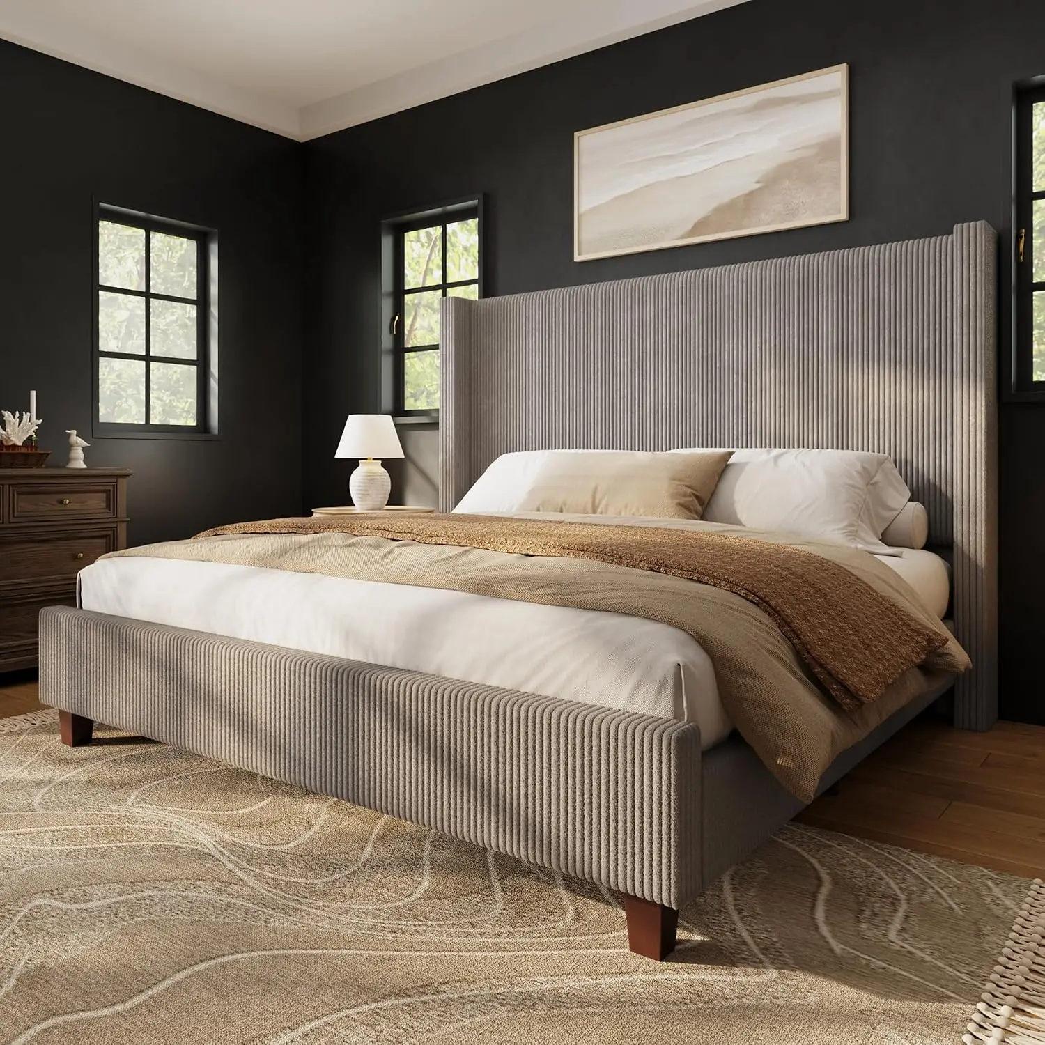 Queen Size Bed Frame with 50.8 Inch Corduroy Wingback Headboard, Taupe | Modern Upholstered Platform Bed, Solid, Customized