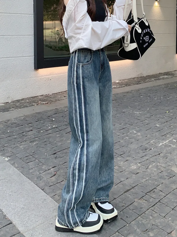 2023 Y2K Fashion Side Stripe Washed Blue Baggy Jeans Pants For Women Clothes Straight Lady Hip Hop Denim Trousers Pantalon Femme