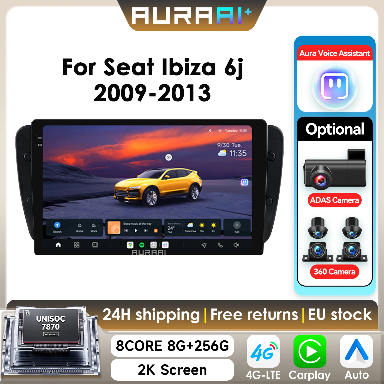 8G+256G AURAAI 2K Bildschirm für Seat Ibiza 6j 2009-2013 2010 Autoradio CarPlay Android Auto 4G WIFI GPS BT DSD ADAS Dual-Mikrofon 360°-Kamera