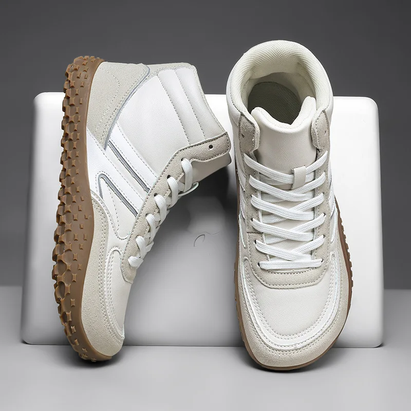 

New Couple High-top Boots Wide-toe Casual Fashionable Men Leather Shoes Spring Autumn High-top Loafers Large Size Hiking Shoes