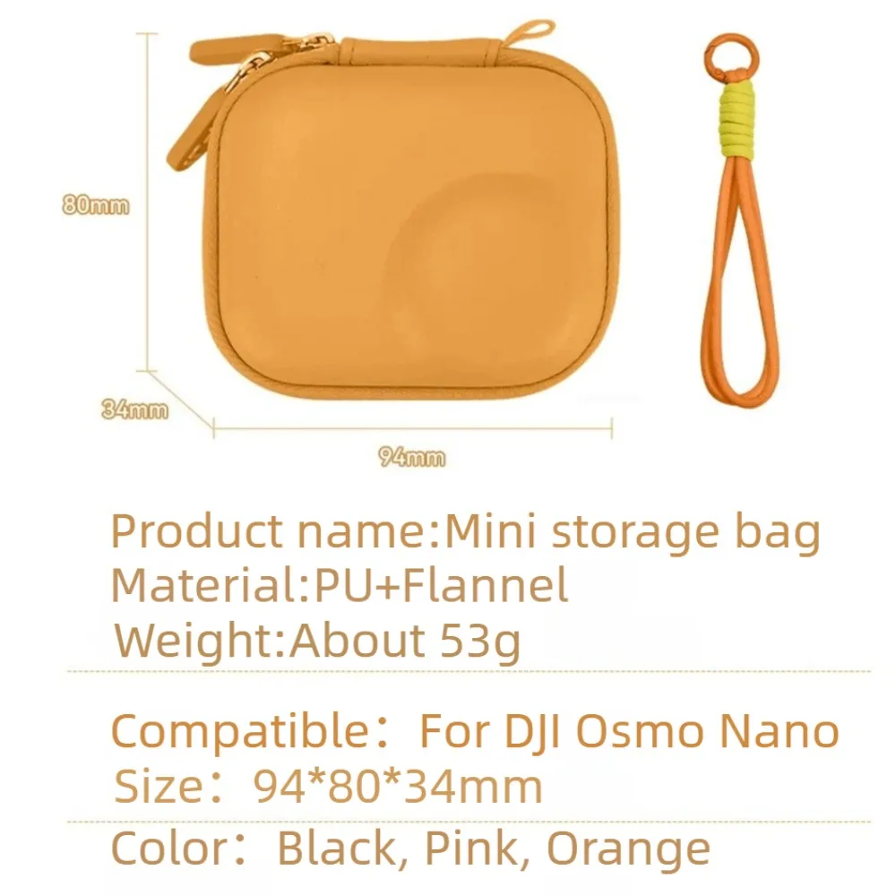Étui de rangement couleur sac de transport avec cordon et mousqueton, sac portable en velours PU, boîte de transport de voyage pour caméra DJI Osmo Nano Thumb