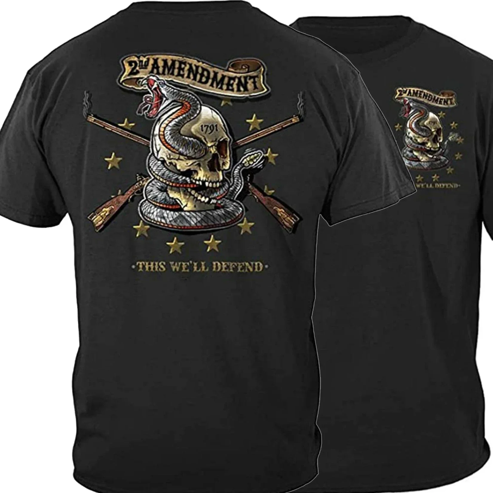 

This We'll Defend. Rattlesnake Skull Tattoo 2nd Amendment T-Shirt 100% Cotton O-Neck Short Sleeve Casual Mens T-shirt Size S-3XL