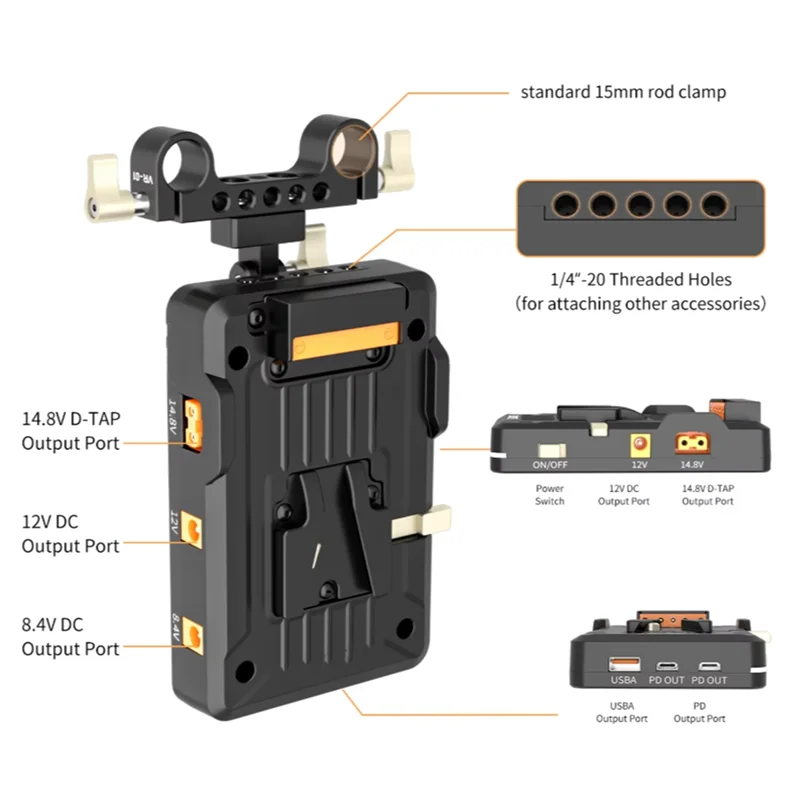 A73E-VP1 V-Mount Plate With PD 14.8V, 15MM Rod Clamp, Standard V Battery V-Lock Plate Adapter For Professional Videography