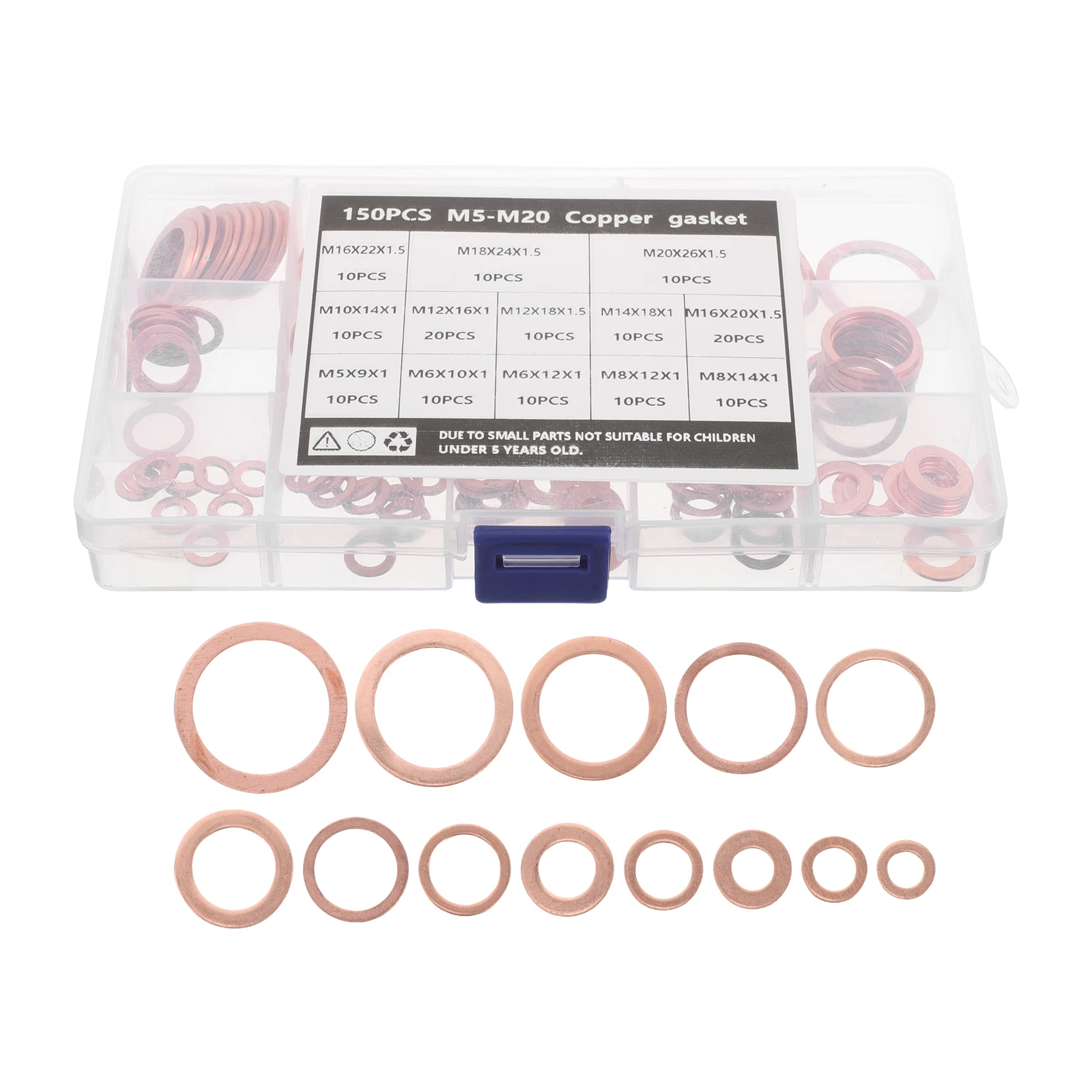 

150pcs Copper Washer Assortment For Oil Drain Plug Leak Proof Durable Heat Conductive Metal Gasket Set Storage Box