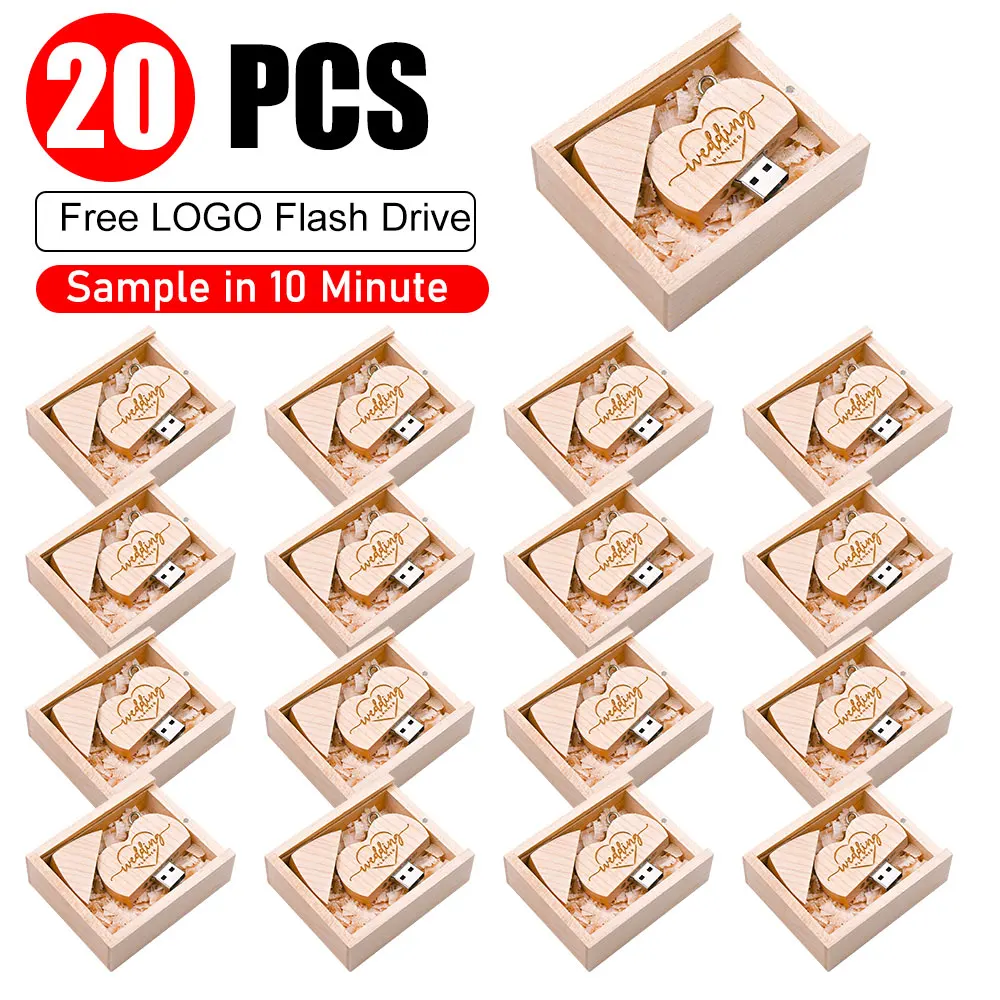 20PCS/LOT Wooden Heart USB 2.0 Flash Drives 128GB Free custom logo key chain Pen drive 64GB 32GB Business gift USB stick