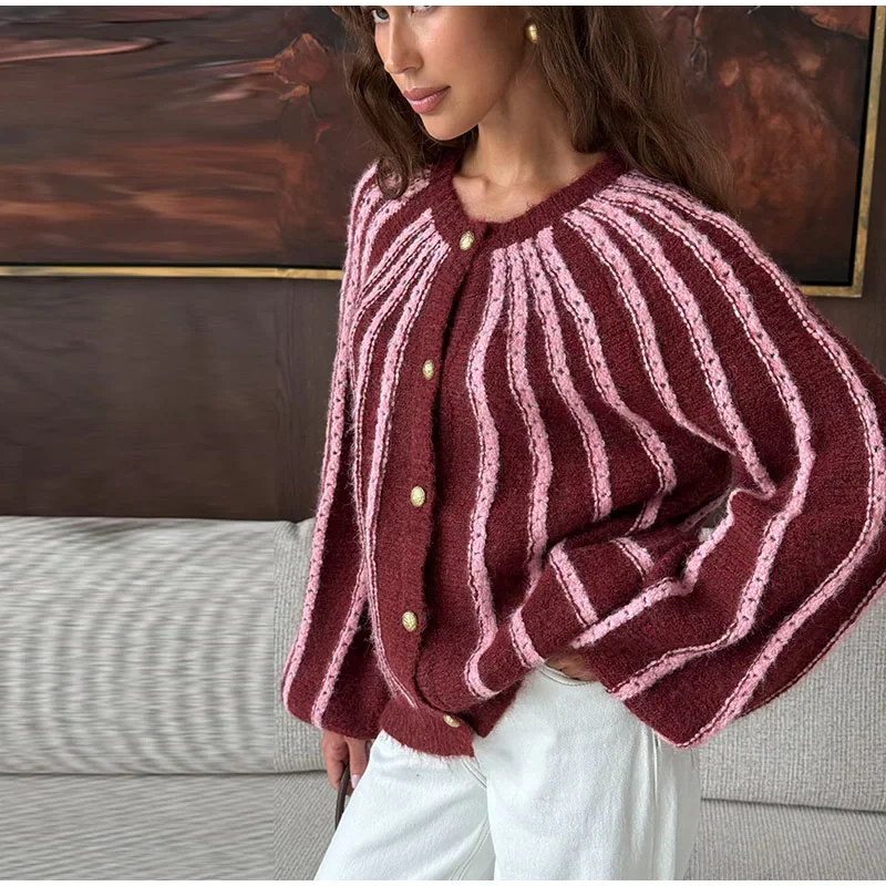 Damen-Strickwaren, gestreift, mit einzelnen Knopfleisten, gestrickte Strickjacke, Herbst, Damen, Rundhalsausschnitt, lange Ärmel, lockere Strickjacken, neue Streetwear – Detail 8