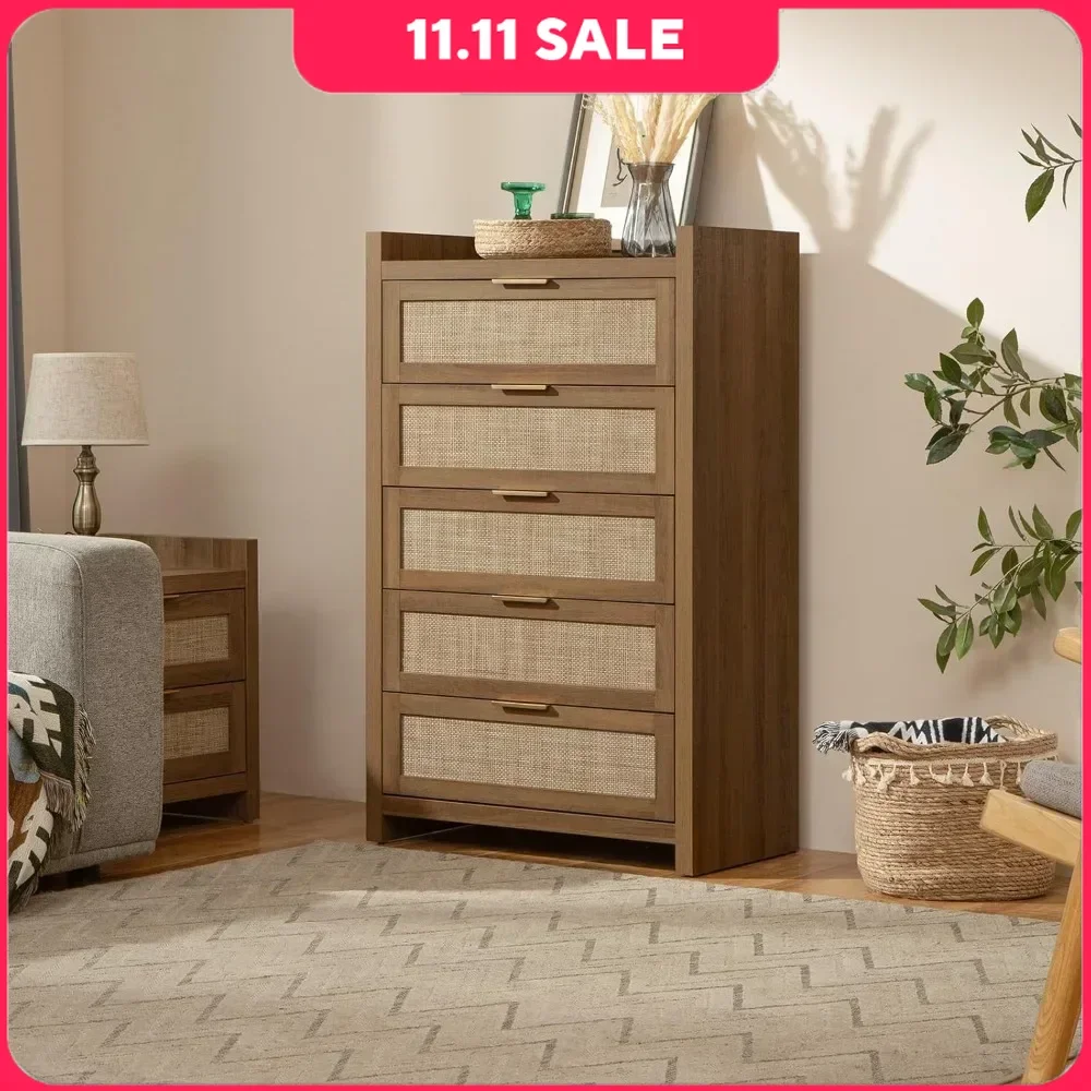 Tall Bedroom Drawers with 5 Rattan Wood Dresser, Sturdy & Durable, Safe & Secure, Easy To Assemble, Bedroom Storage Cabinet