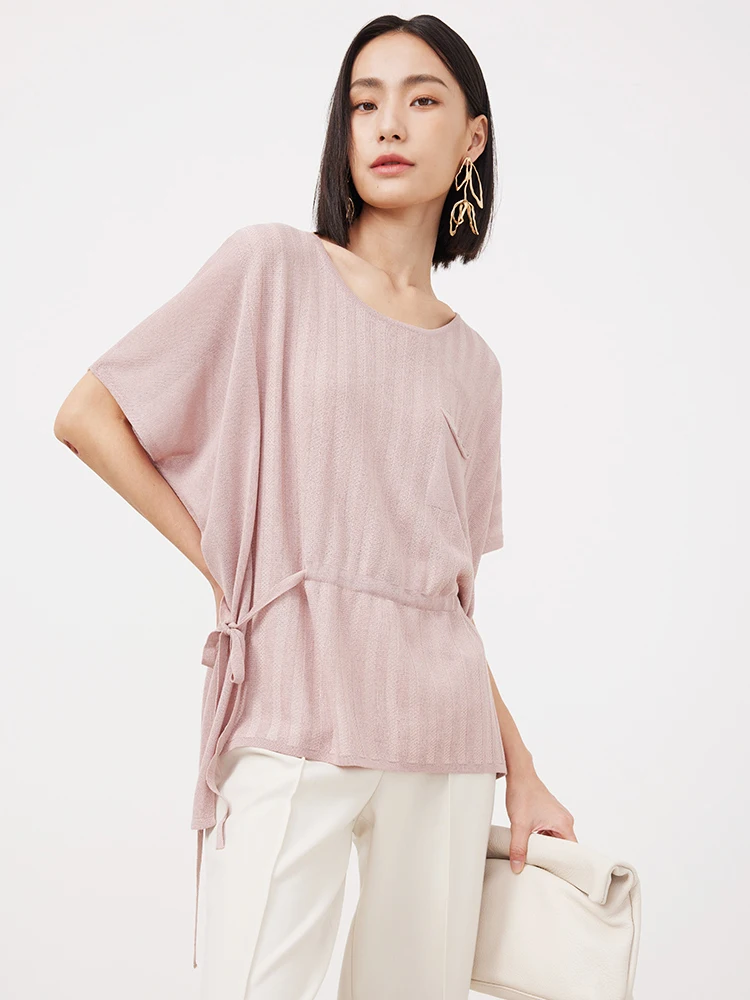 

Wei Summer Loose Lazy Sle Ice Silk iny Tead Striped Side Tie oulder T-irt Women's Casual round Ne ort Sve