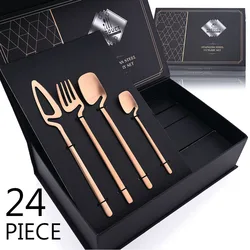 JANKNG 24pcs Rose Gold Matte Cutlery Set Knife Fork Spoon Flatware Set 304 Stainless Steel Tableware Dinnerware Set Gift Kitchen