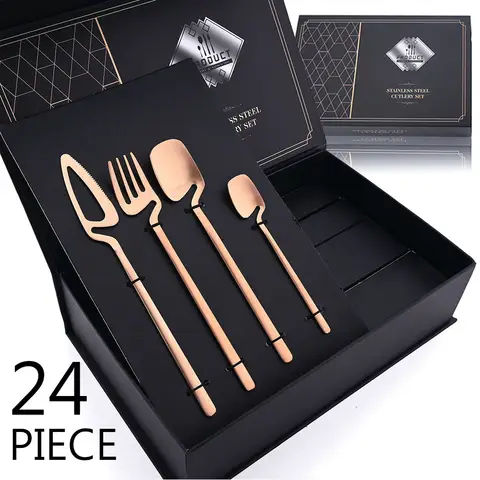JANKNG 24pcs Rose Gold Matte Cutlery Set Knife Fork Spoon Flatware Set 304 Stainless Steel Tableware Dinnerware Set Gift Kitchen