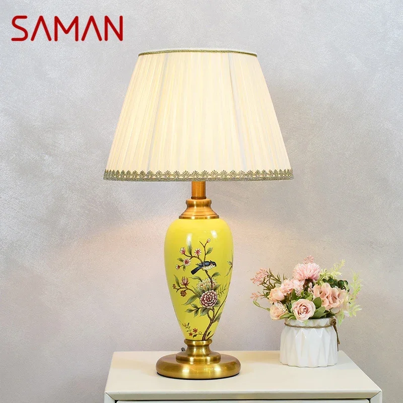 SAMAN American Flower and Bird CeramicTable Lamp Creativity Living Room Bedroom Study Hotel engineering Desk Light