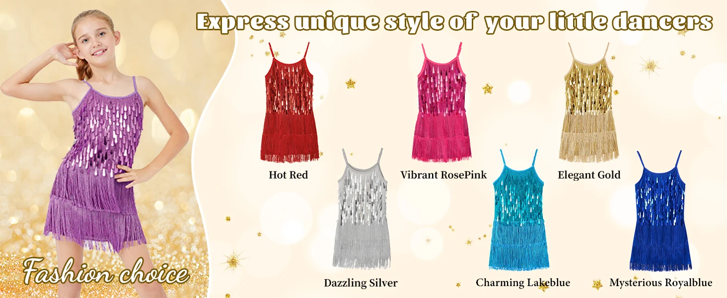 LOlanta 2 Stücke Mädchen Pailletten Latin Dance Kleid Quaste Salsa Dancewear Pailletten Fransen Kleid Leistung Outfits – Detail 2