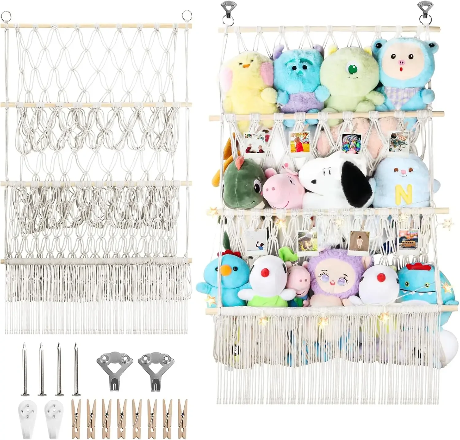 

3-Tier Stuffed Animal Storage Net, 24x39 Inch Plushie Organizer with LED Lights & Clips, Boho Wall Toy Holder for Kids