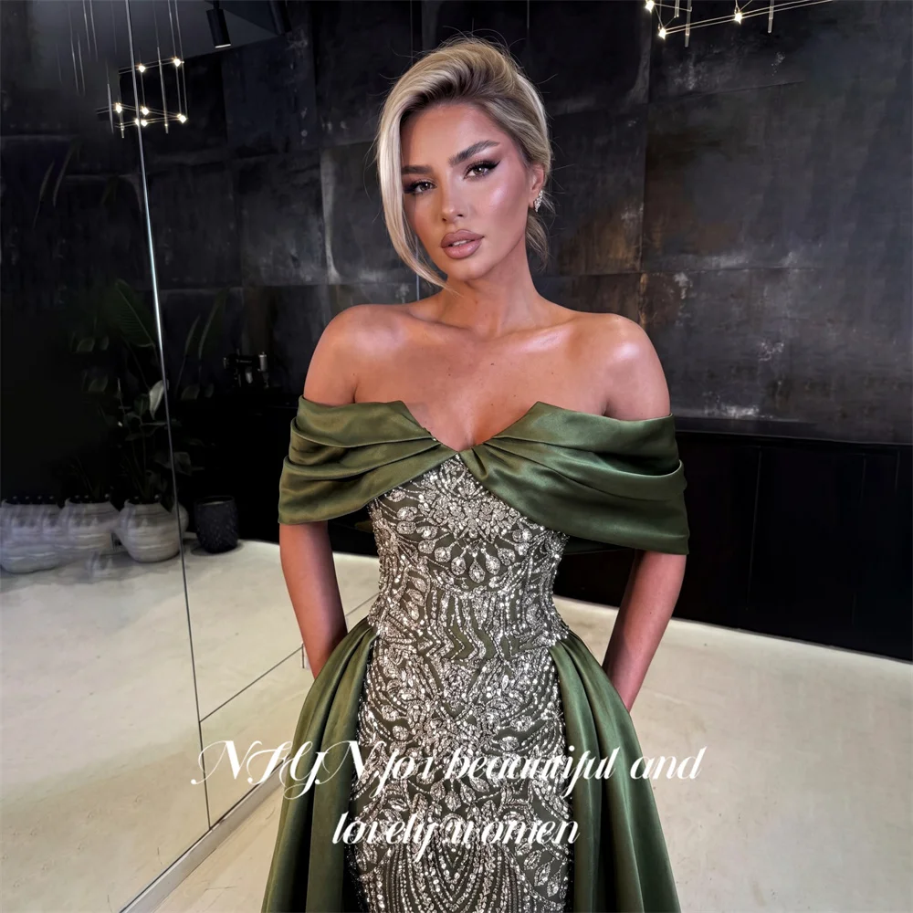 NFYN Green Party Dresses Off the Shoulder Short Sleeve Evening Dresses Full Beaded Bodice فساتين السهرة A Line Modest Customized