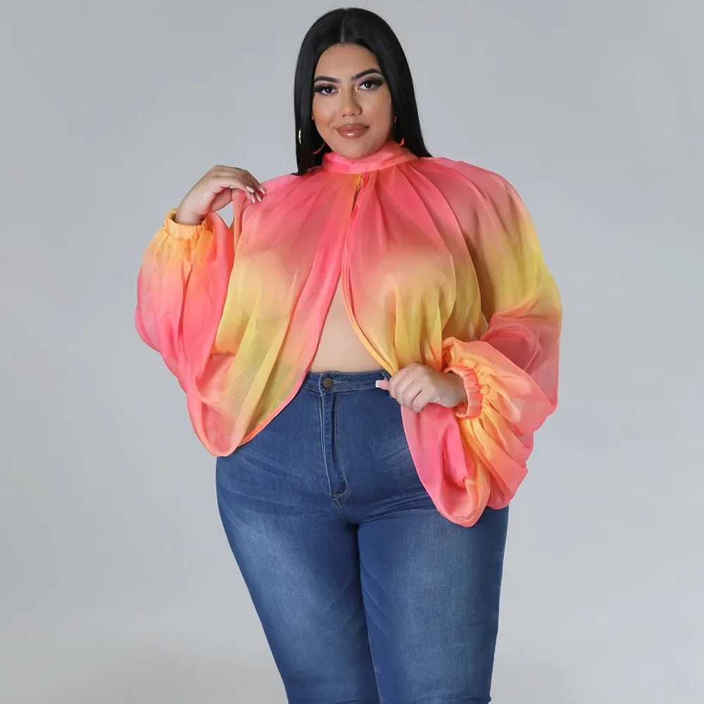 SOMO Plus Size Fashion New Women\'s Round Neck Open Back Chiffon Lace Up Long Sleeve Gradient Print Top Wholesale Dropshipping