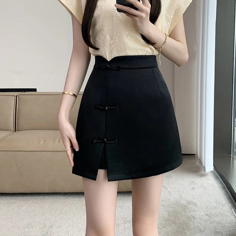 Seoulish-faldas acampanadas de estilo chino para mujer, minifaldas elegantes de cintura alta, Color sólido, informales, para oficina