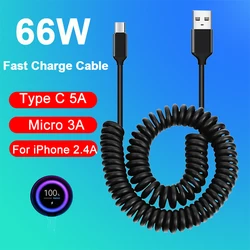 66W 5A Fast Charging Type C Cable Spring Telescopic Car Phone Charger USB Cable For Samsung S24 Xiaomi Redmi Huawei USB C Cable