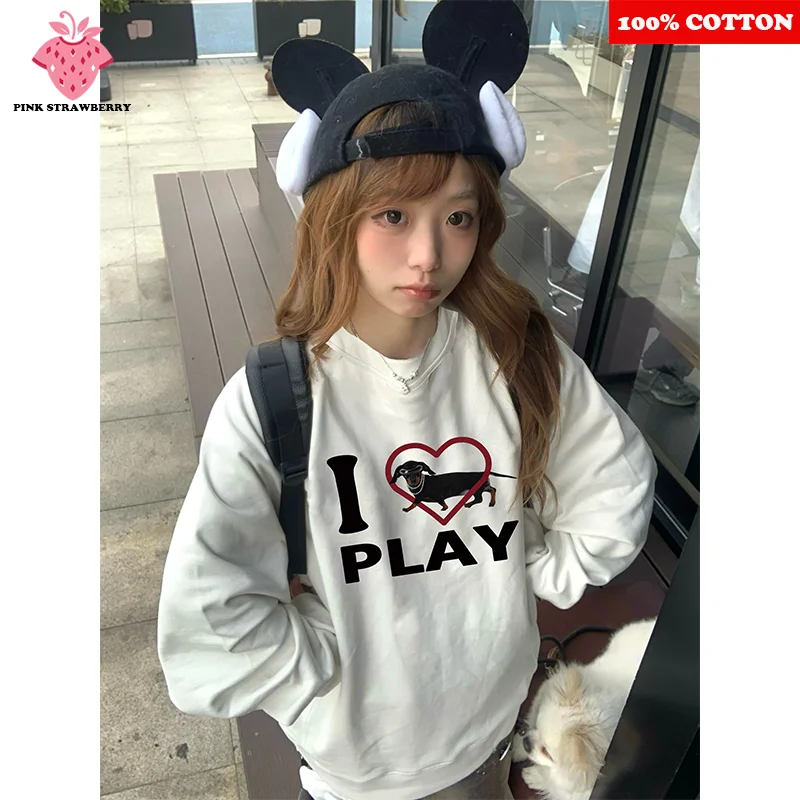 

American Dachshund Print Sweatshirt Women Autumn Winter 2025 New O-Neck long sleeves Loose Warm Hoodie Y2K Top Female clothing