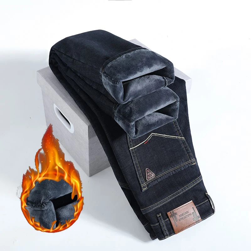 High Quality Thickened Warm Denim Pants Men Fashion Business Casual Windproof Jeans Male Snow Warm Plush Fleece Loose Trousers