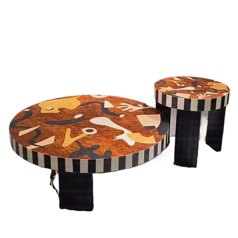 

Medieval style coffee table living room home round natural wood veneer wabi-sabi style tea table