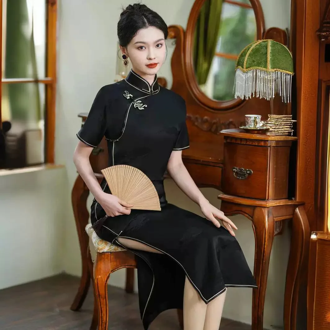 High Quality Traditional Black Full Cardigan Interwoven Real Silk Cheongsam Qipao New Chinese Ancient French Style Sense Dress