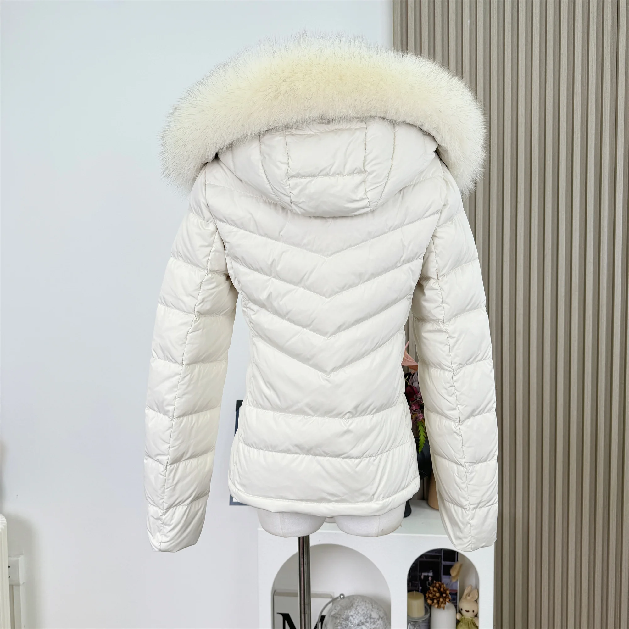 レディース秋冬フェイクファー付きフード付きスリムホワイトダックダウンコートレディース厚手暖かいジップアップ長袖ダウンアウタートップ