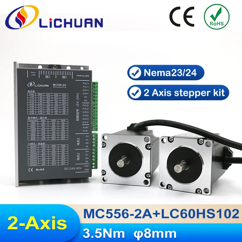 Lichuan Nema24 2Axis Kit Open Loop Stepper Motor 3.5Nm 3A+Stepper Driver For CNC Packing Screw Machine MC556-2A+LC60HS102