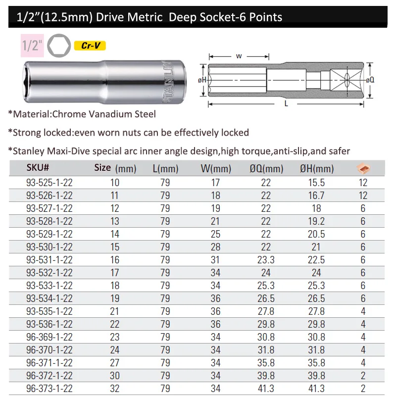 Stanley 6PT long socket 1/2 dr. 10mm 11mm 12mm 13mm 14mm 15mm 16mm - 21mm 22mm 23mm 24mm 27mm 30mm 32mm hex socket wrench torque