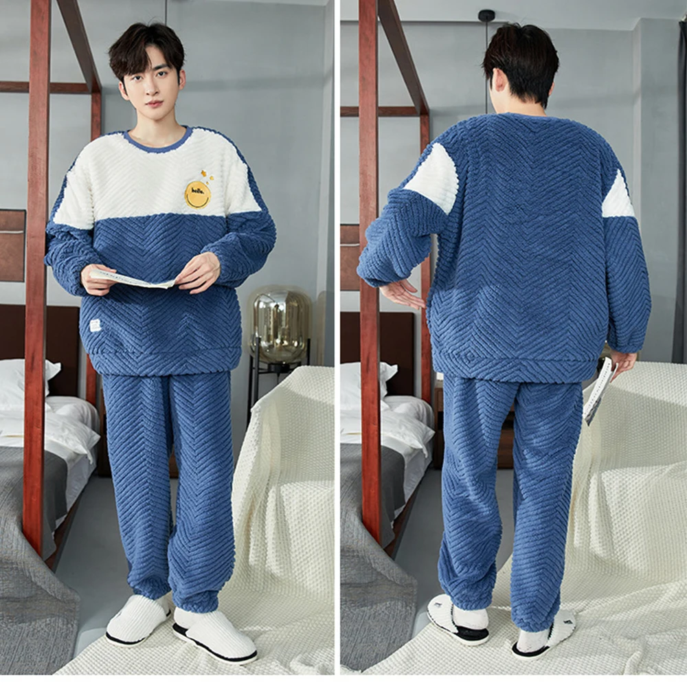 Winter Thicken Flannel Sleepwear for Sleeping Men\'s Pajamas Set Korean Style Cartoon Pajama Warm Loose Comfortable pijama hombre