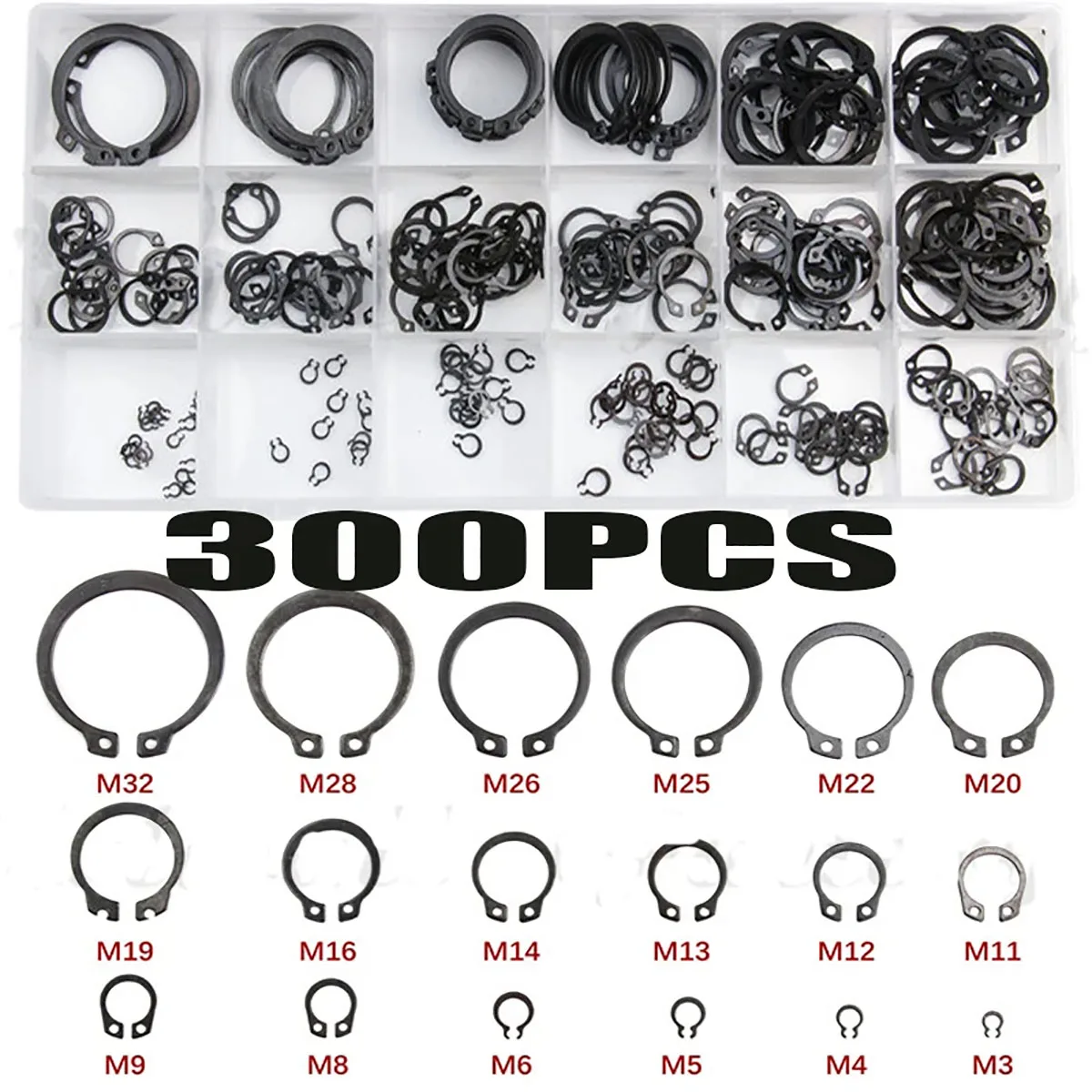 

300Pcs 18 Sizes Metal Black Circlip O-Ring Washer Seals Internal & External Snap Retaining Ring Circlip M3-M32 Assortment Kit