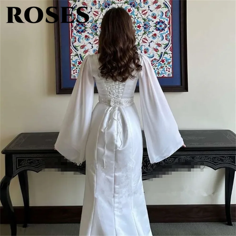 ROSES White Soft Stain Mermaid Formal Dress High Regular Sleeve Party Dress Pleats Ruched Special Occasion Dresses robe soirée