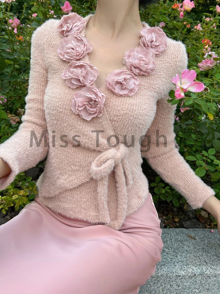 Floral French Vintage Slim Pullover Women Korean Designer Long Sleeve Elegant Tops Female Retro Knitted Chic Fairy Clothing 2023