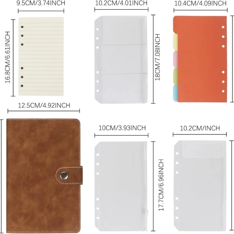 New Leather A6 Binder 6 Ring Binder Notebook - PU Leather Refillable Notebook with Binder Pockets, Dividers, Refill Paper