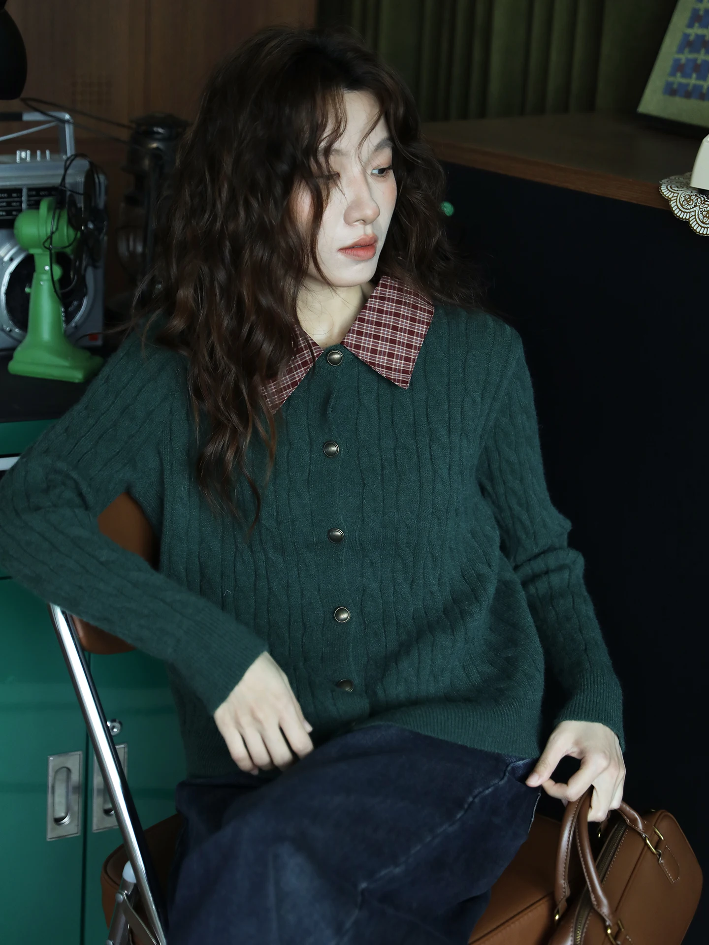 

Ретро-кардиган женский вязаный с эффектом двухслойности, в клетку, с узором косы, ручной работы, свободный крой, из пряжи, с длинными рукавами