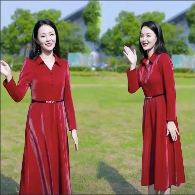 2022 Autumn Women's New Long-Sleeved Age-Reducing Shirt Collar Mid-Length Early Autumn Waist-Length Slimming Mother Dress Skirt