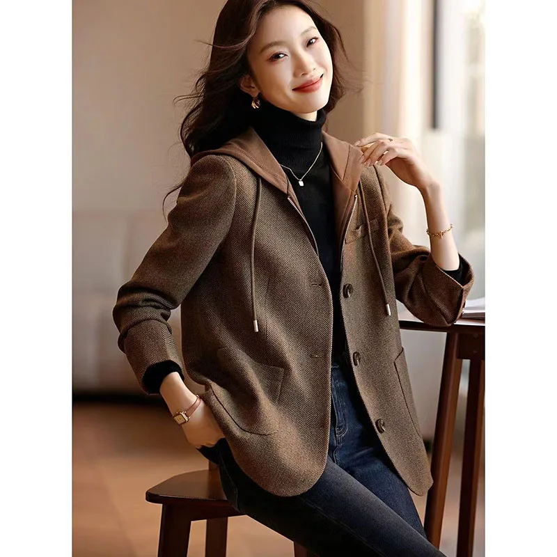 Autumn Winter 2024 New Korean Fashion Woolen Coat Women Fake two pieces Temperament Hoodie Casual Wool Overcoat Ladies Outwear